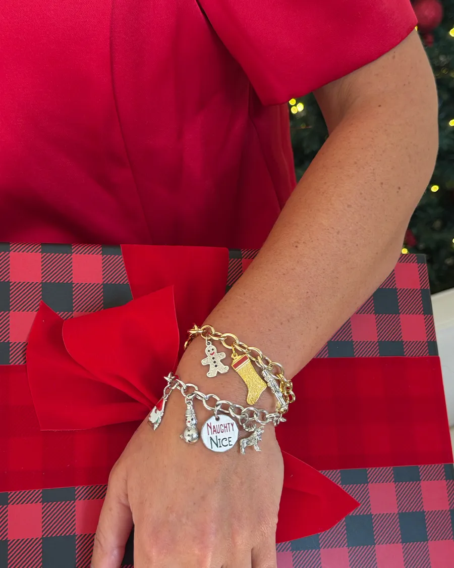 Mixed metal charm bracelet with Naughty or Nice, gingerbread and stocking charms resting on a plaid gift box